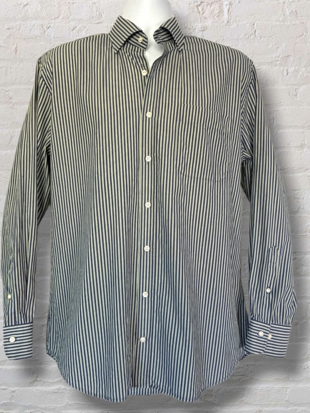 Peter Millar Men’s Large Blue Green Stripe Button Front Dress Shirt 100% Cotton